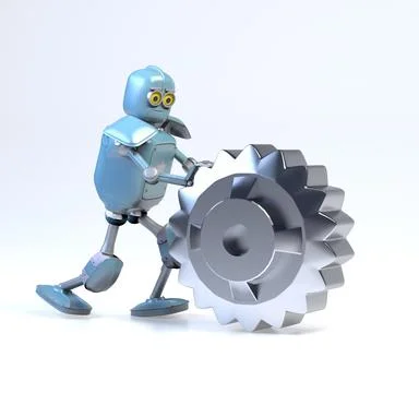 Retro robot rolls a gear,3d render. Stock Photos