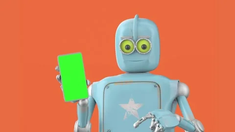 Retro robot show smartphone. New technologies and progress. 3d render. Stock Footage 243994827
