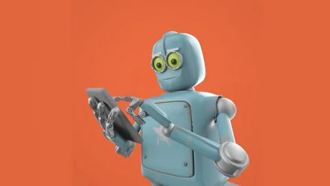 Retro robot sits and reads smartphone. New technologies and progress. 3d re.. Stock Footage 243886889