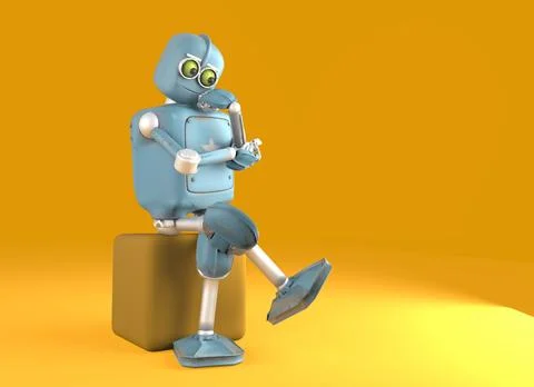 Retro robot thinks sitting on the cube, artificial intelligence, Stock Illustration