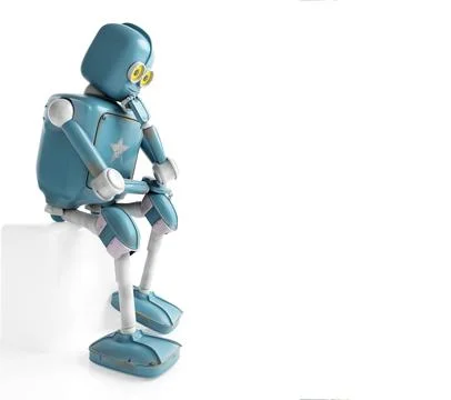Retro robot thinks sitting on the cube, artificial intelligence, ai Foto stock