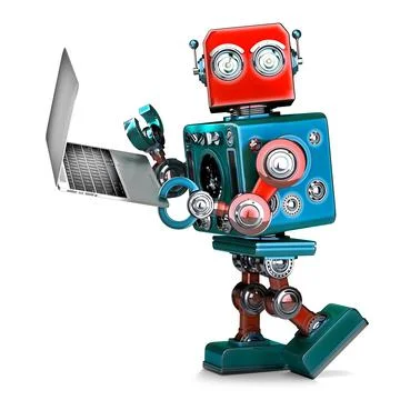Retro Robot using laptop. 3D illustration. Isolated 스톡 일러스트