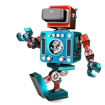 Retro Robot wearing VR headset. 3D illustration. Isolated 库存插图