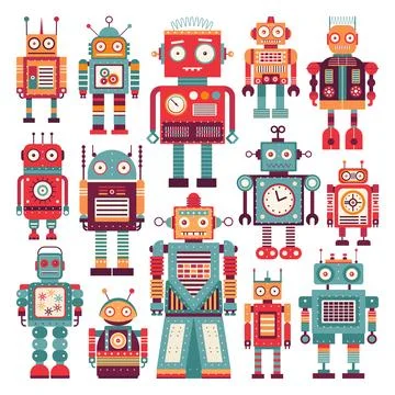 Retro Robots and Space Mechanical Toys Set Stock Illustration