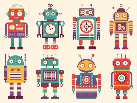 Retro Robots and Space Mechanical Toys Set Stock Illustration