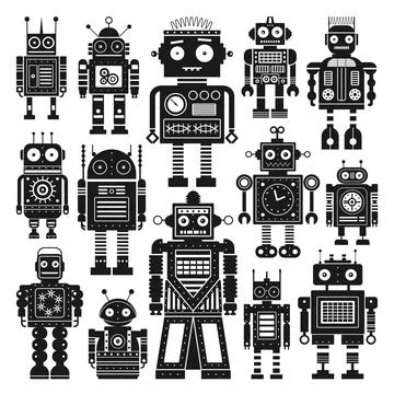Retro Robots and Space Mechanical Toys Set Stock Illustration