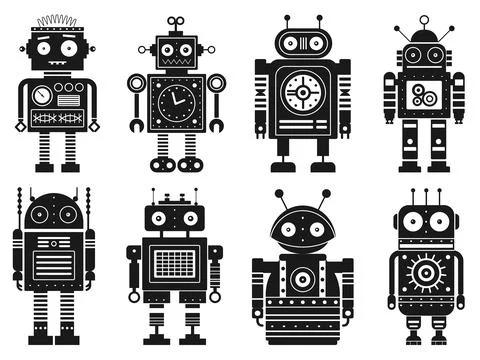 Retro Robots and Space Mechanical Toys Set Stock Illustration