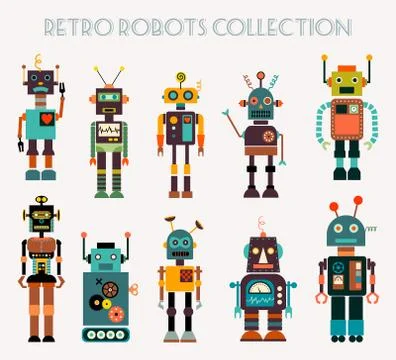 Retro robots collection with different characters, vector design Stock Illustration