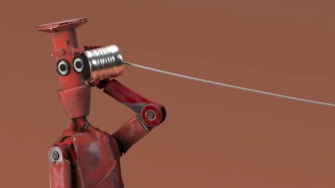 Retro robots talking on tin can phones. 3d render Stock Footage 236221738