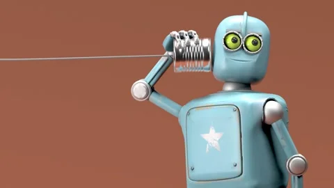 Retro robots talking on tin can phones. 3d render Stock Footage 236221739