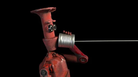 Retro robots talking on tin can phones. 3d render, alpha channel Stock Footage 245542056