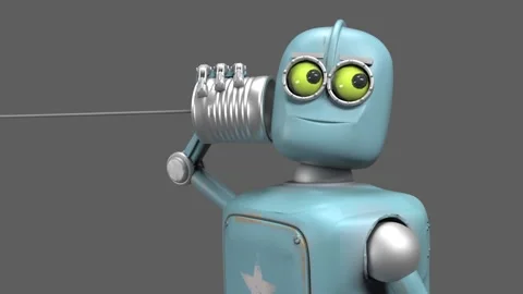 Retro robots talking on tin can phones. 3d render, alpha channel Stock Footage 245542057