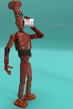 Retro robots talking on tin can phones. 3d render Stock Illustration