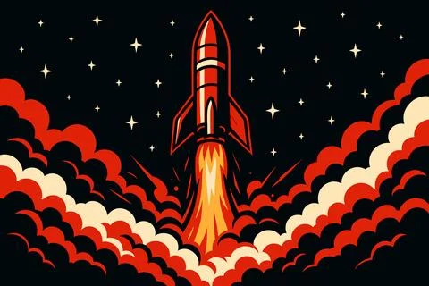 Retro Rocket Launching into Space Night Sky Illustrazione stock