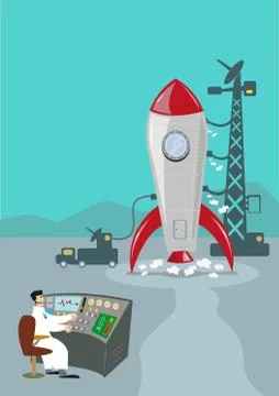 Retro Rocket Ready to Launch. Ground Control Scientist. Stock Illustration