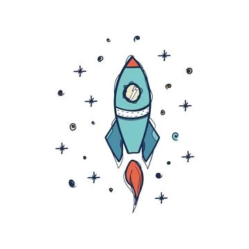 Retro Rocket Ship Space Launch Doodle Color Illustration Stock Illustration