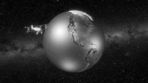 Retro rotating globe with orbiting biplane seamless looping Vidéo 137211779