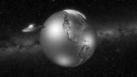 Retro rotating globe with orbiting UFO seamless looping Vidéo 137211579