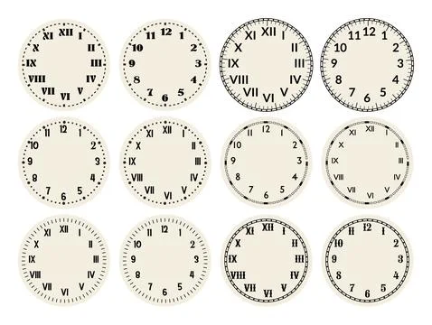 Retro round clock faces. Vintage watch design. Elegant antique dials. Timer with Stock Illustration