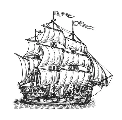 Retro sailing ship sailing on waves. Hand drawn vector sketch. Nautical retro Stock Illustration