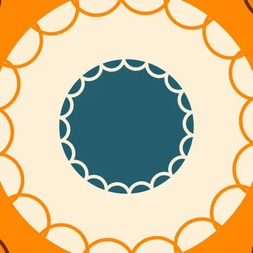 Retro Scalloped Circle Frame Graphic in Teal, Orange, and Cream Stock Illustration