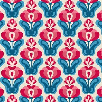 Retro Scandinavian Floral Seamless Pattern with Pink and Blue Folk Flowers 스톡 일러스트