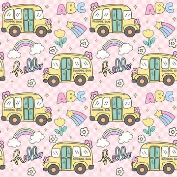 Retro School Bus Pastel Pattern Seamless Repeating Doodle Design Back to Sc.. Stock Illustration