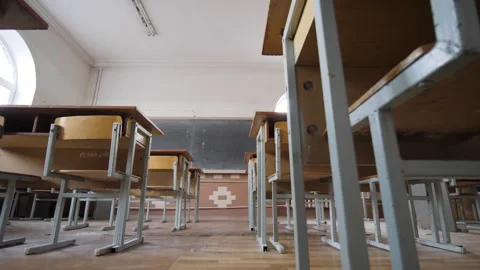 Retro School Desks In An Empty Classroom Stock Footage 309196526