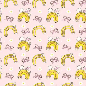 Retro School Easter Seamless Pattern, Rainbow Pencil Rainbow with Bunny Ear.. イラスト素材