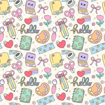Retro School Supplies Pastel Pattern Seamless Repeating Doodle Design Back .. 스톡 일러스트