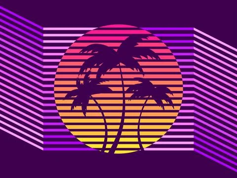 Retro sci-fi 80s palm trees at retro sunset. Futuristic sun with palm trees.. Stock Illustration