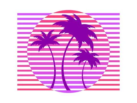 Retro sci-fi 80s palm trees at retro sunset. Futuristic sun with palm trees.. Stock Illustration
