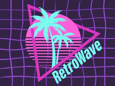 Retro sci-fi 80s palms at retro sunset. Futuristic sun with palm trees 스톡 일러스트