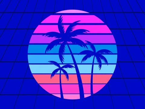 Retro sci-fi 80s palms at retro sunset. Futuristic sun with palm trees. A v.. Illustrazione stock