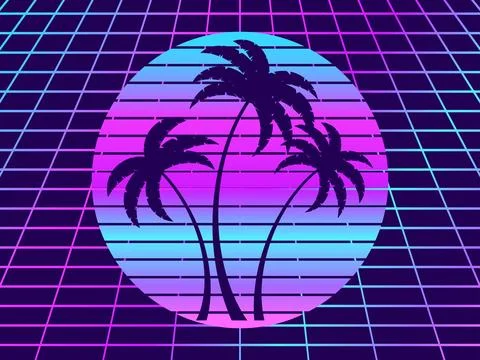 Retro sci-fi background with retro sun, palm trees and 80s style perspectiv.. Stock Illustration