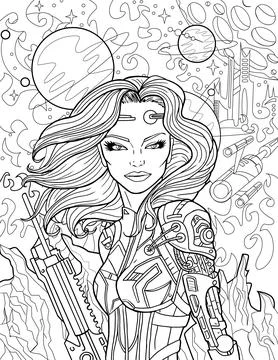 Retro Sci Fi coloring page illustration Stock Illustration