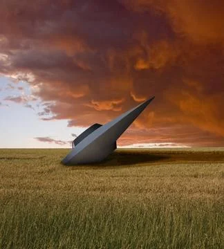 Retro Sci - fi. Crashed UFO Retro Sci - fi. Crashed UFO in the field of wh... Stock Photos