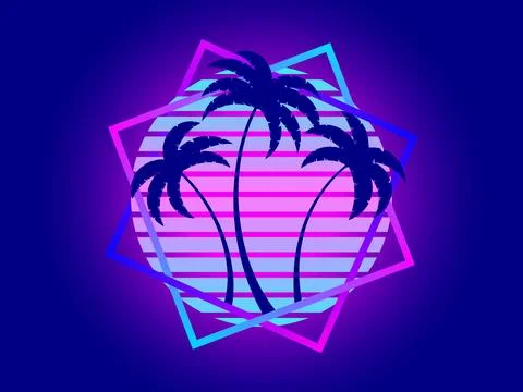 Retro sci-fi palm trees from the 80s at sunset in a square frame. Retro fut.. Stock Illustration