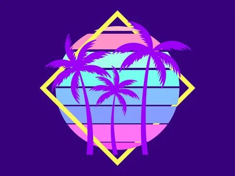 Retro sci-fi palm trees from the 80s at sunset in a square frame. Retro fut.. Stock-Illustration