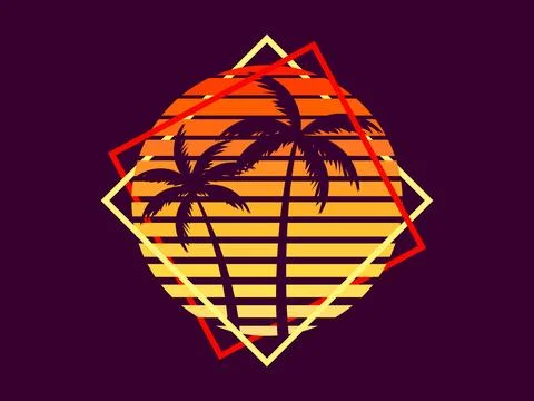 Retro sci-fi palm trees from the 80s at sunset in a square frame. Retro fut.. Stock-Illustration