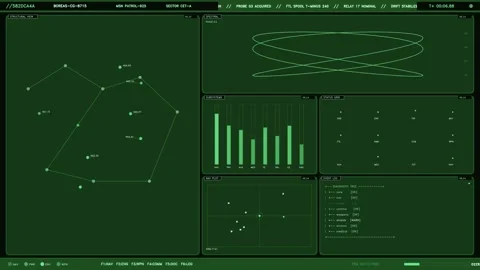 Retro Sci Fi Tactical HUD Interface with Green Monochrome Data Visualization Stock Footage 334635989