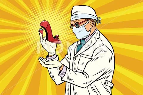 Retro scientist explores a broken heel in womens shoes Stock Illustration