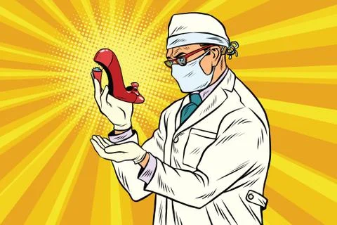Retro scientist explores a broken heel in womens shoes Stock Illustration