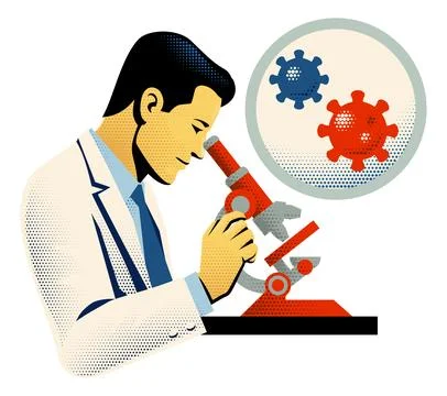 Retro Scientist Studying Viruses Under Microscope Stock Illustration