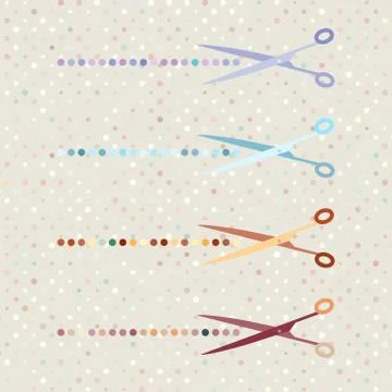 Retro scissors and cut lines set on polka dot vintage background 스톡 일러스트