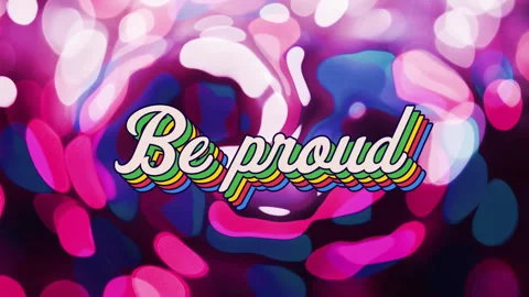 Retro script text being displayed over glowing bokeh shapes, with rainbow Video stock 307945251