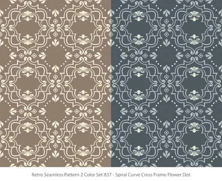 Retro Seamless Background 2 Color Set Spiral Curve Cross Frame Flower Dot Stock Illustration
