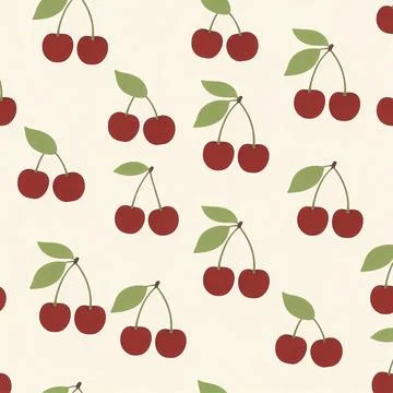 Retro Seamless Cherry Fruit Pattern with Red Berries and Green Leaves on a Cream Stock-Illustration