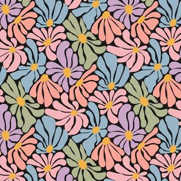 Retro Seamless Daisy Floral Pattern with Pastel Flowers on Black Background Stock Illustration