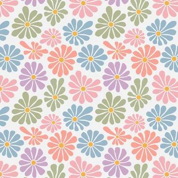 Retro Seamless Daisy Floral Pattern with Pastel Flowers on White Background Stock Illustration